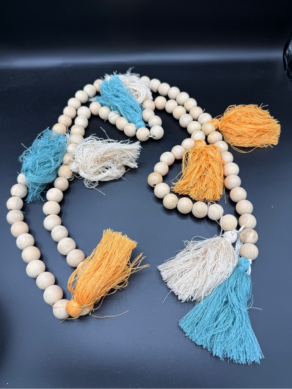 Boho Wooden Bead Tassel Garland Teal Blue, Orange, Cream 5’ long